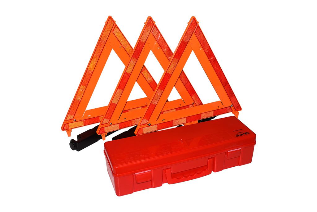 Double sided triangle reflectors with weighted base & stabiliser legs, includes storage case