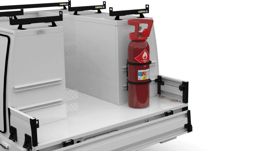 Hidrive Gas bottle restraint with adjustable restraint straps to safely restrain single gas bottle up to 300mm diameter  accessories for Ute, Trailer and Truck service bodies