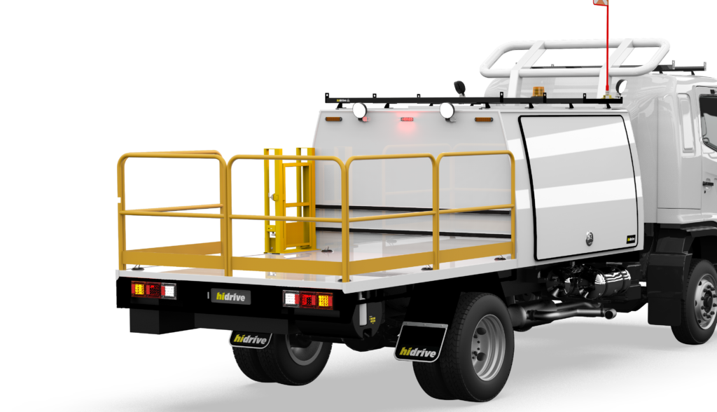 Hidrive Safety hand rail to tray section, modular removable sections, safety yellow finish accessories for Truck service bodies