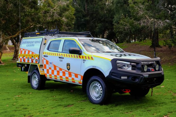DFES State Emergency Service emergency response vehicle based on an Isuzu D-MAX utility truck equipped with emergency lighting, bull bar, communications equipment and service body canopy
